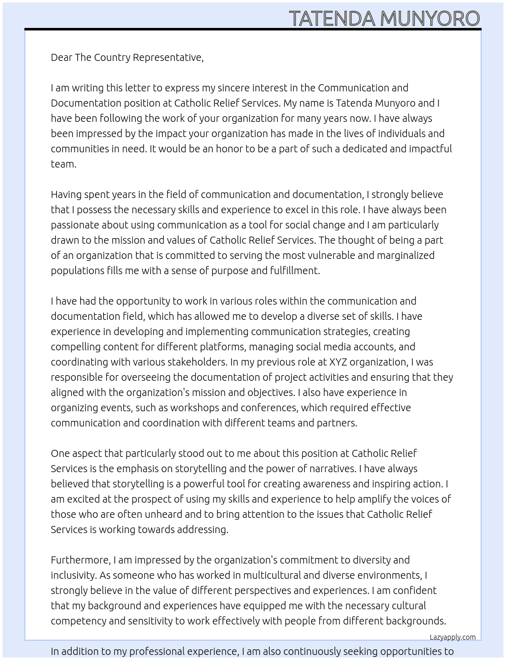 Communication and documentation  At Catholic Relief Services  Cover Letter