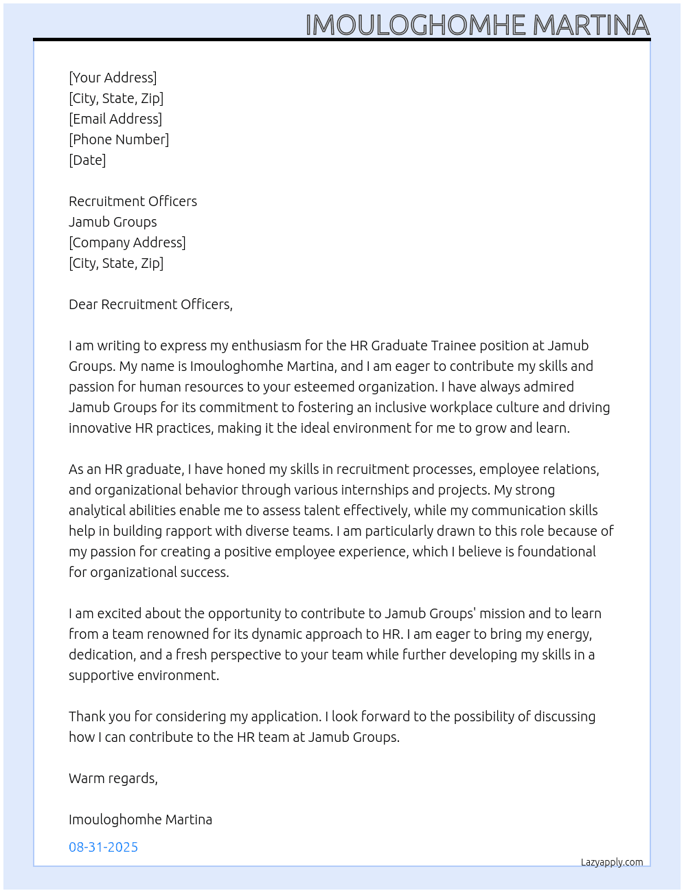 Hr graduate trainee At Jamub groups Cover Letter