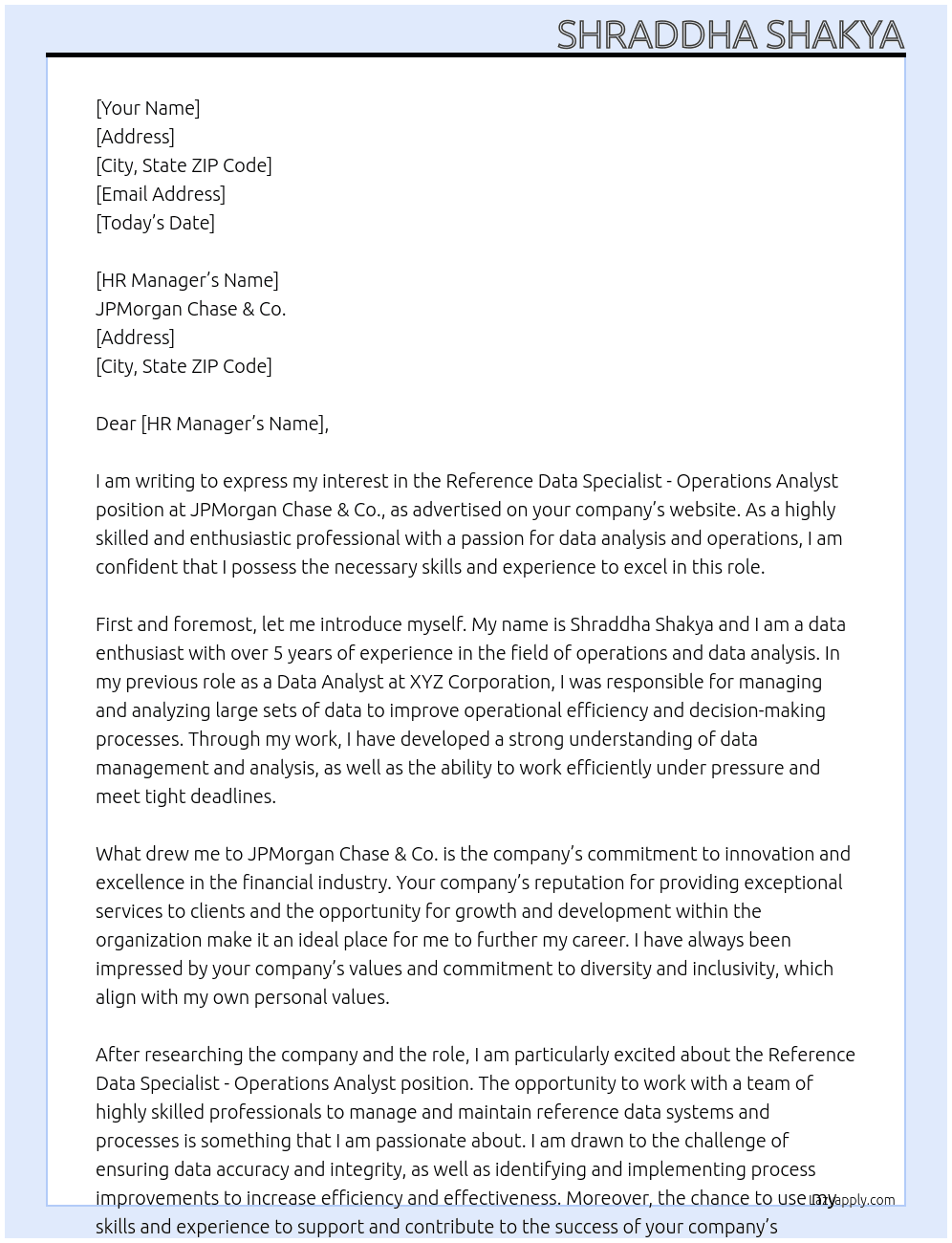 Cover letter for reference data specialist - operations analyst - LazyApply