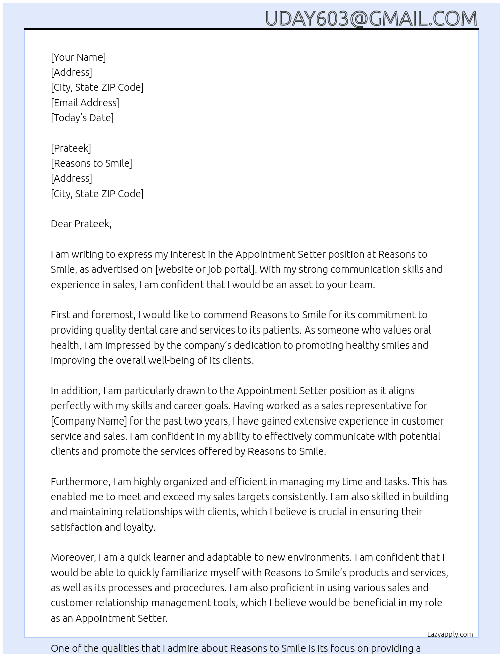 Appointment Setter At Reasons to Smile Cover Letter
