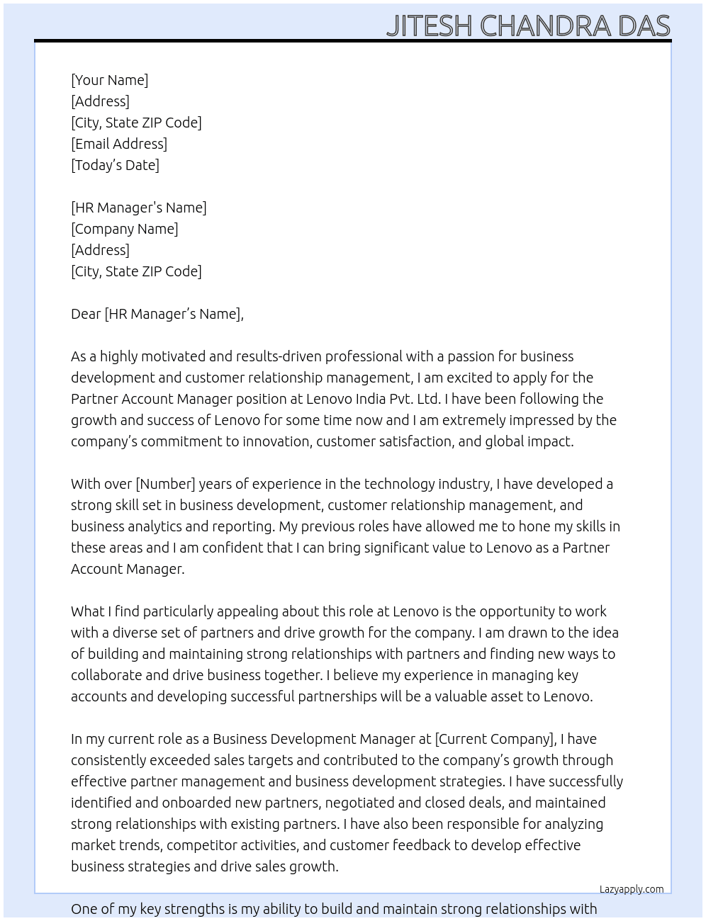Partner Account Manager At Lenovo India Pvt. Ltd. Cover Letter