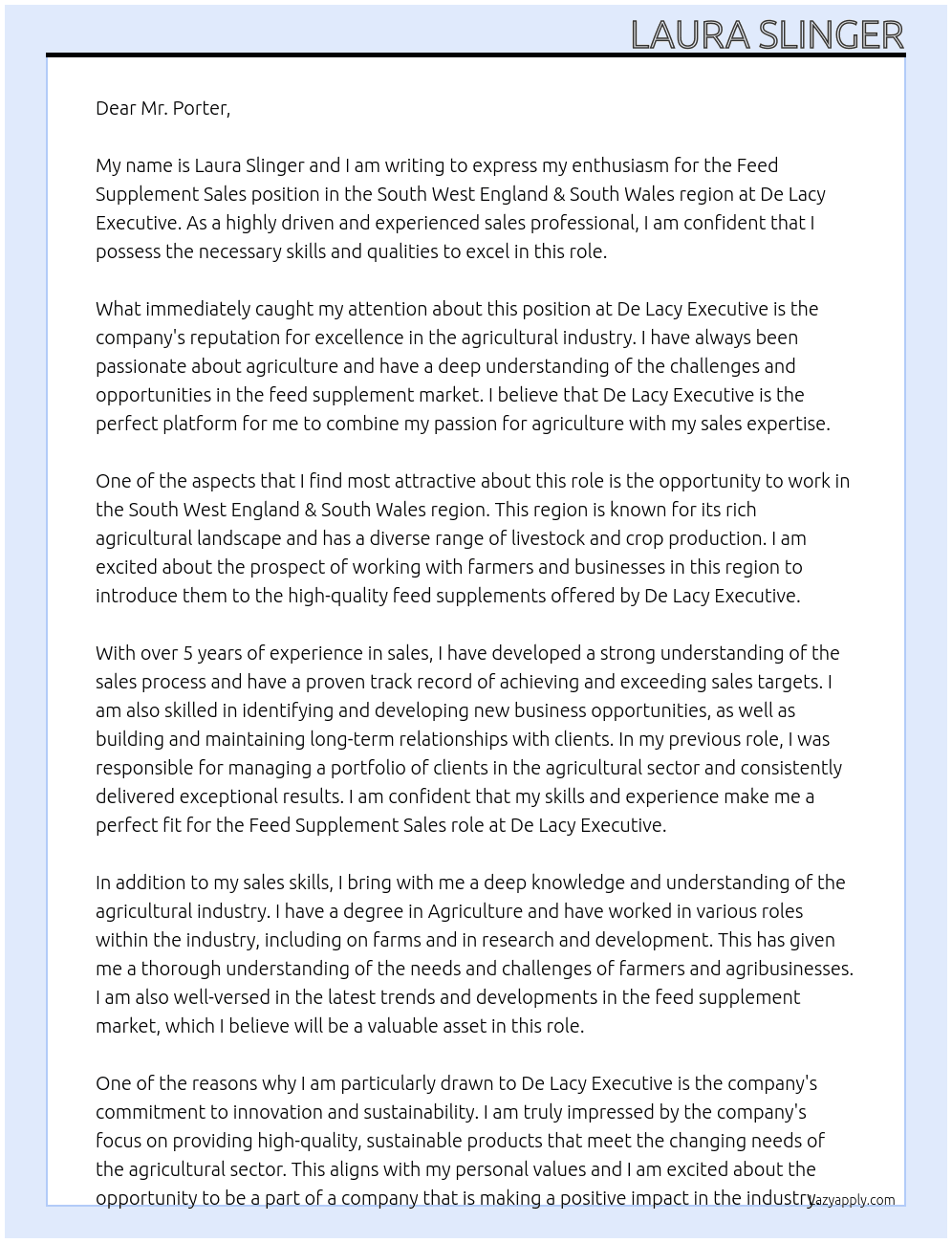 Cover letter for feed supplement sales – south west england & south wales - LazyApply