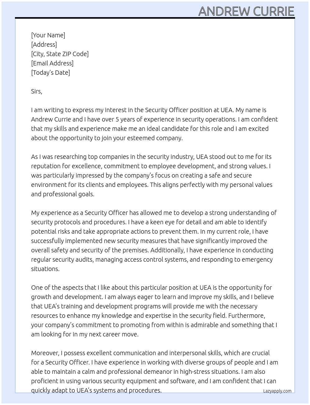 security officer At UEA Cover Letter