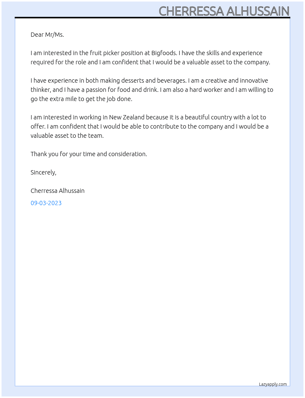 fruit picker  At bigfoods Cover Letter