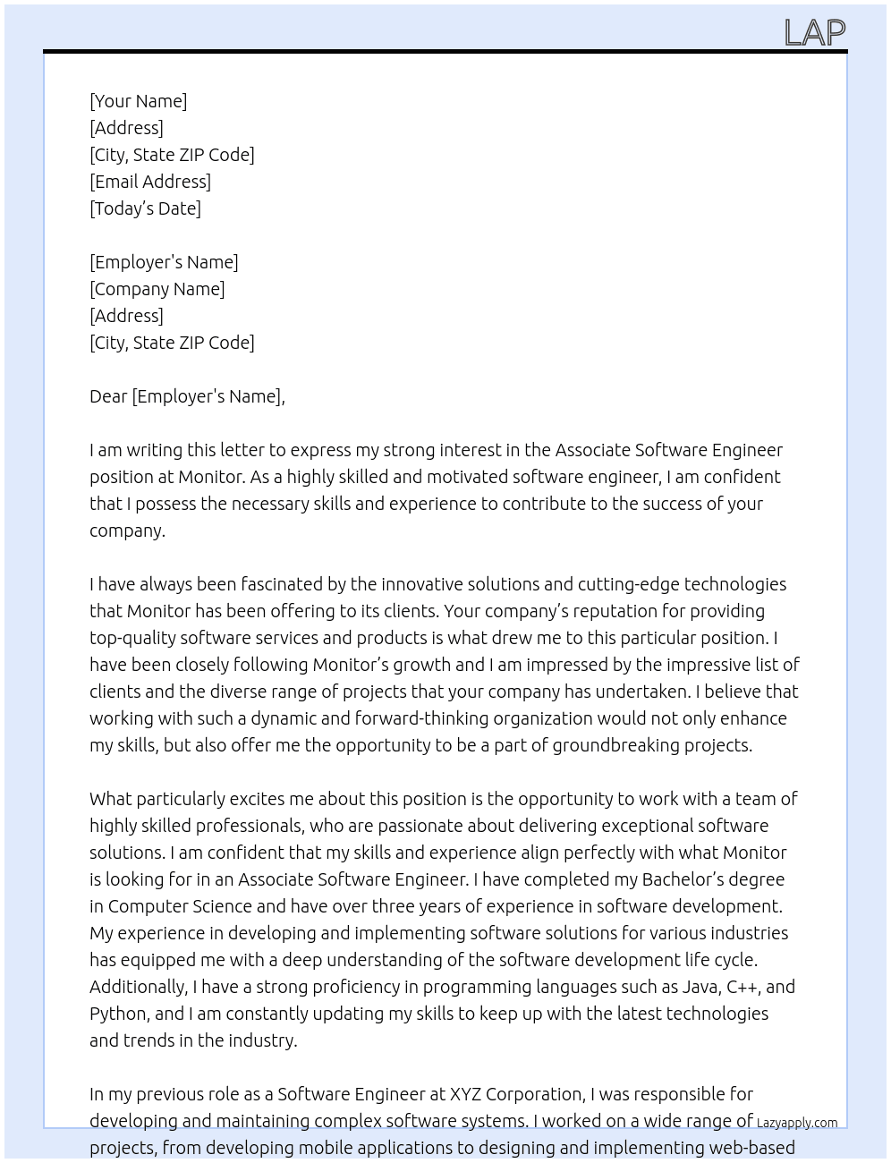 Associate Software Engineer At Monitor Cover Letter