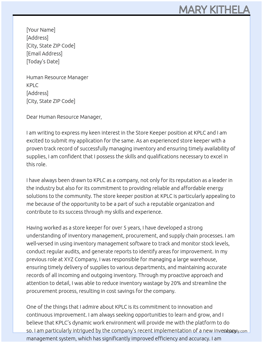 Store keeper At KPLC Cover Letter