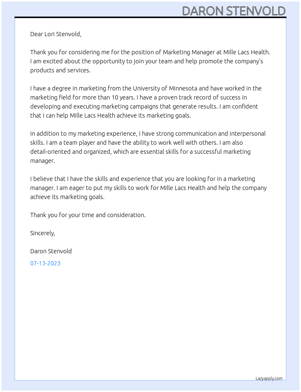 Marketing Manager At Mille Lacs Health Cover Letter