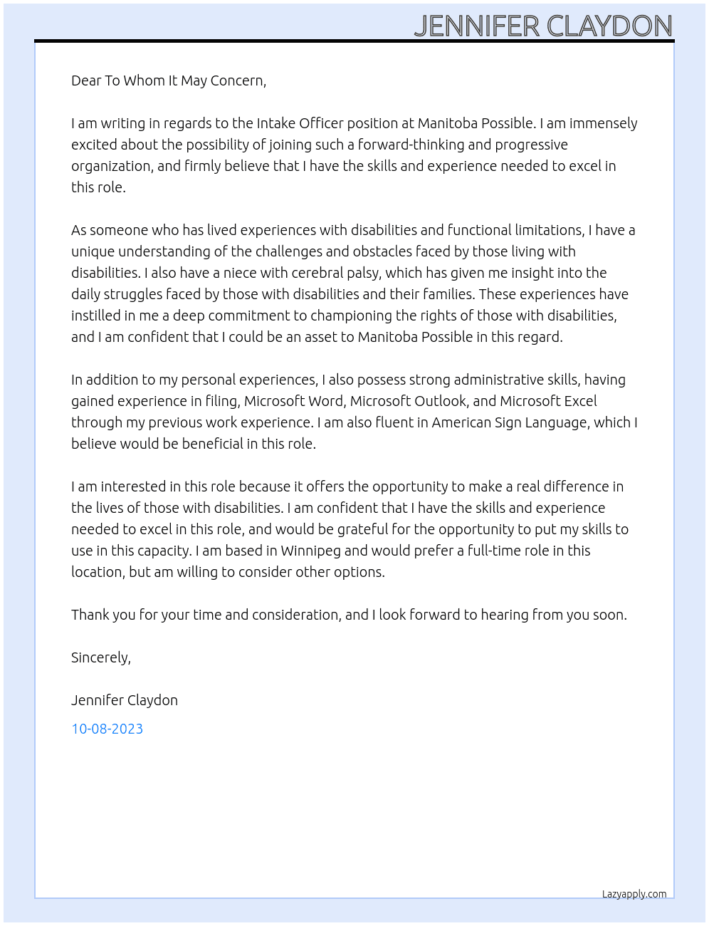 intake officer At Manitoba Possible Cover Letter