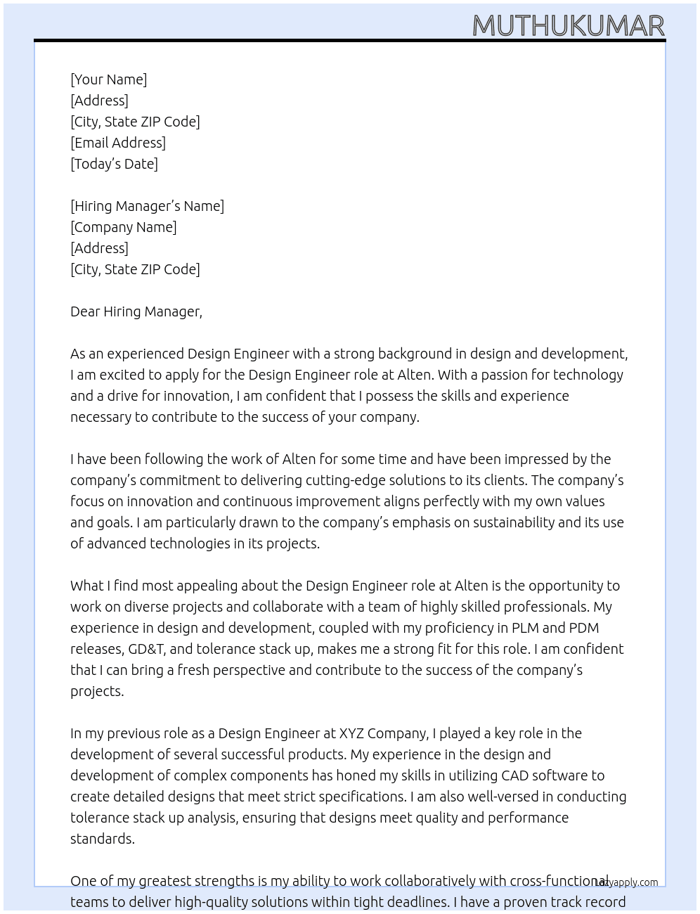 Design Engineer At Alten Cover Letter