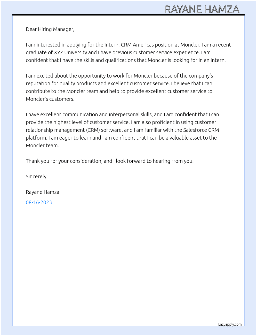 Intern, CRM Americas  At Moncler Cover Letter