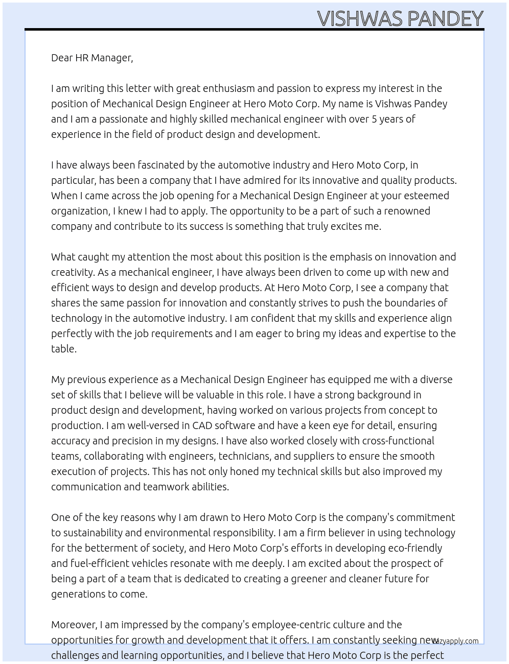 Mechanical design engineer  At Hero moto corp Cover Letter