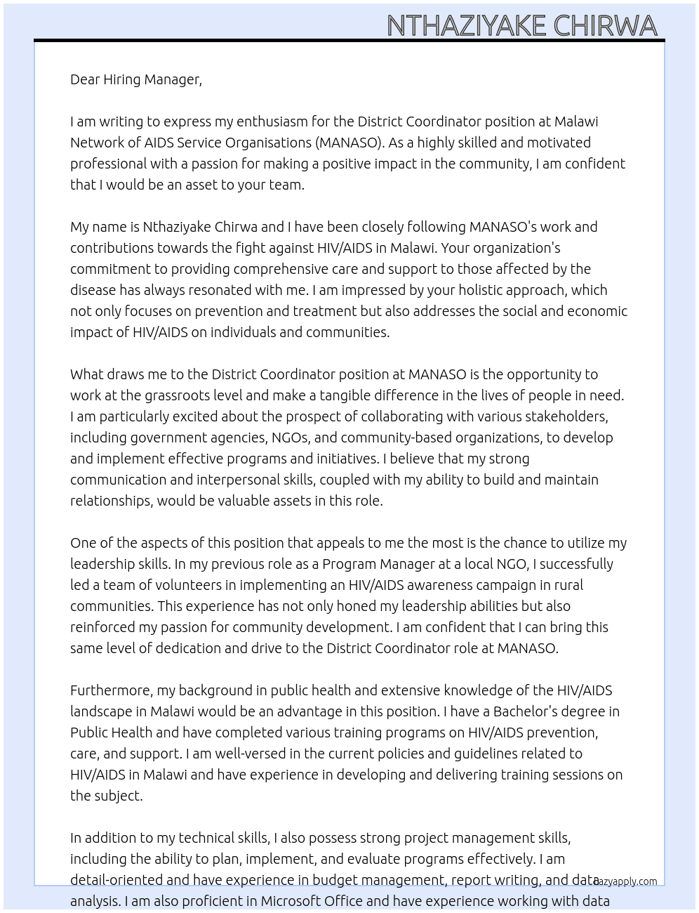 District coordinator At Malawi Network of AIDS Service Organisations (MANASO) Cover Letter