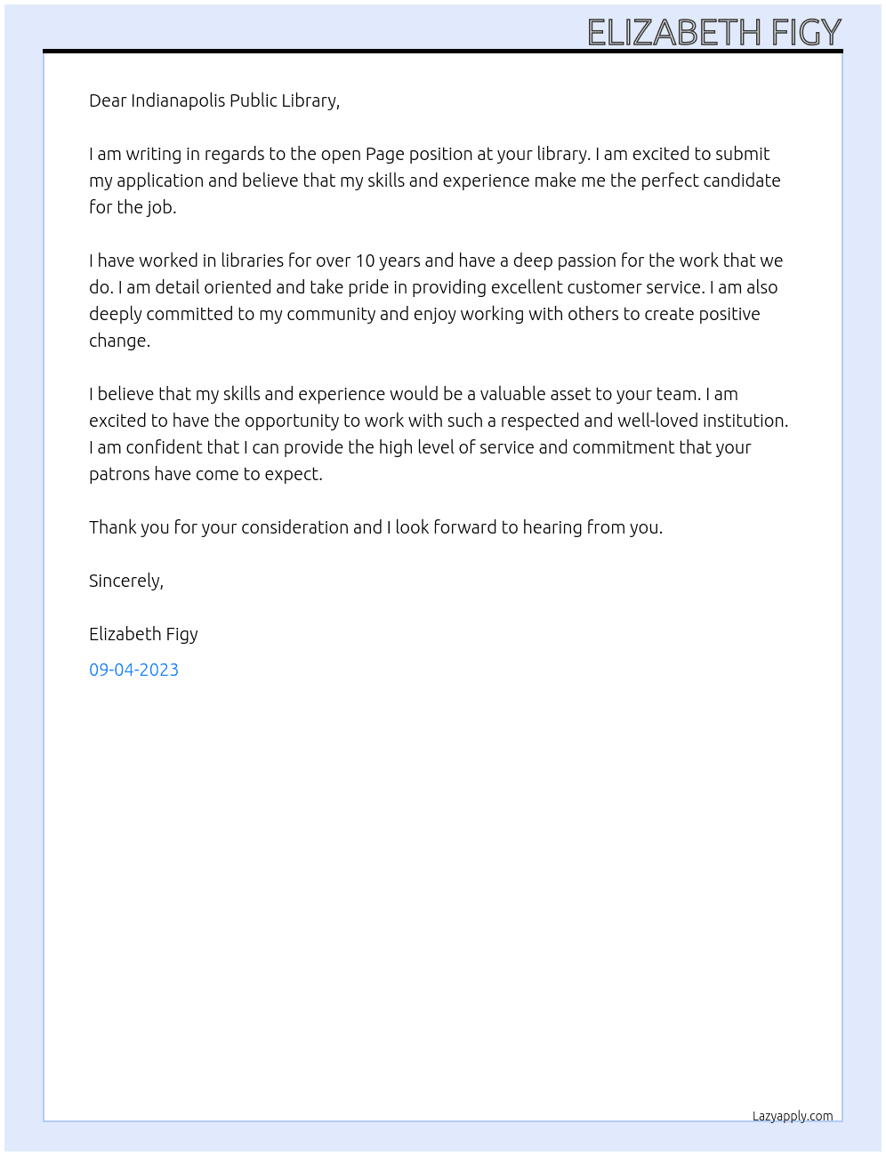 Page At Indianapolis Public Library Cover Letter
