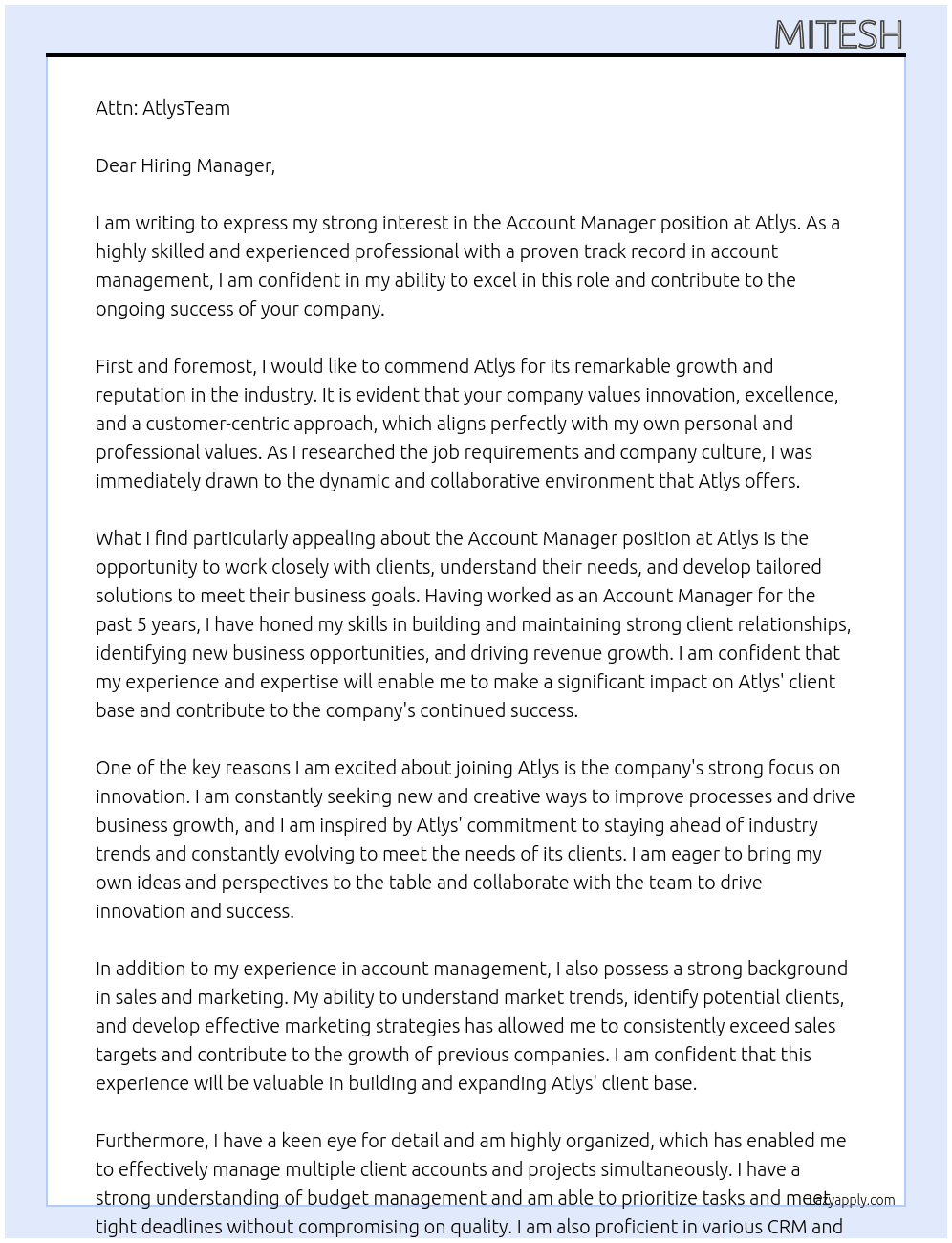 Account Manager At Atlys Cover Letter