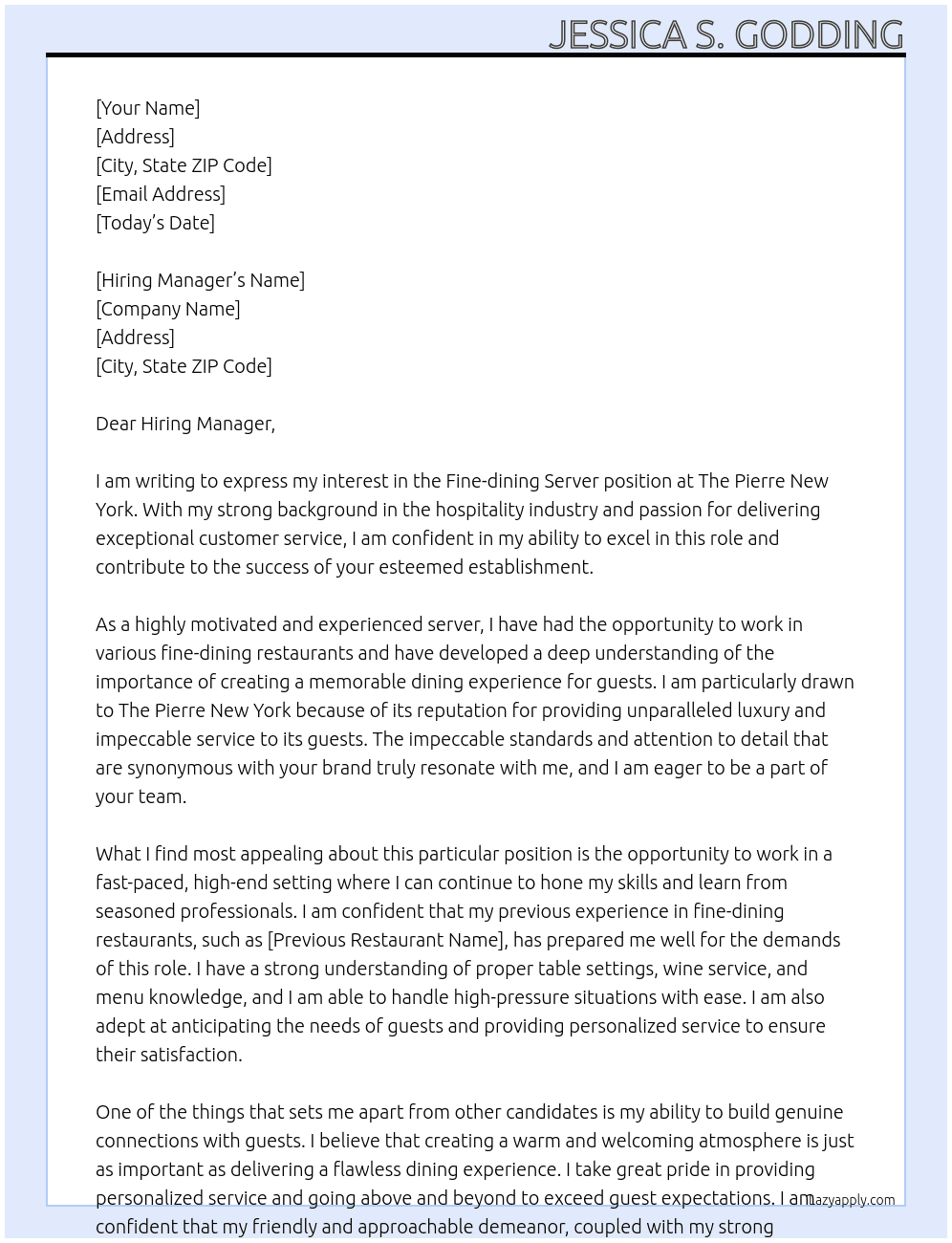 Fine-dining Server At The Pierre New York Cover Letter