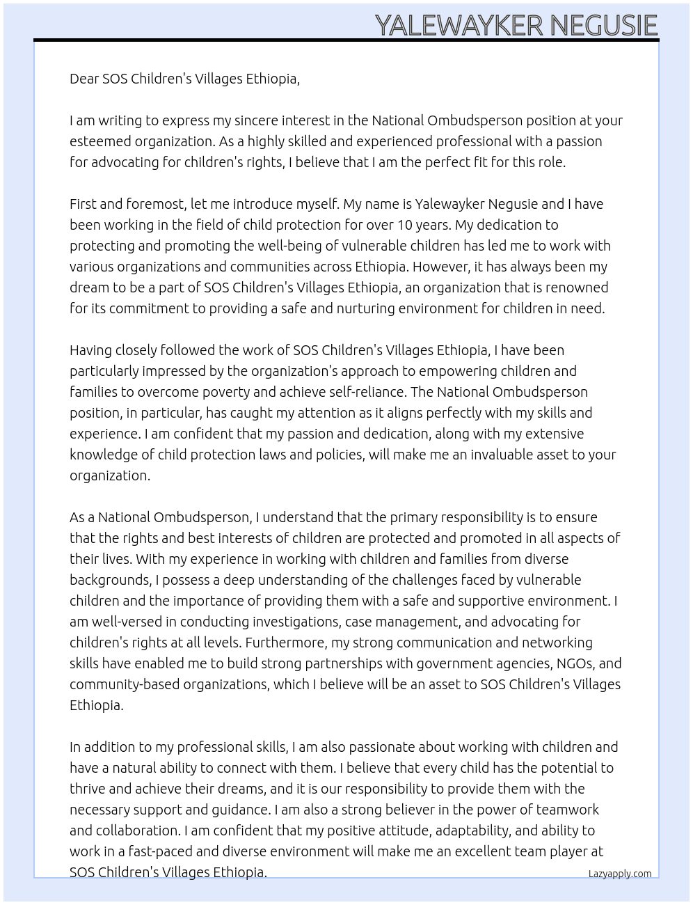 National ombudus person  At SOS  children's village's Ethiopia Cover Letter