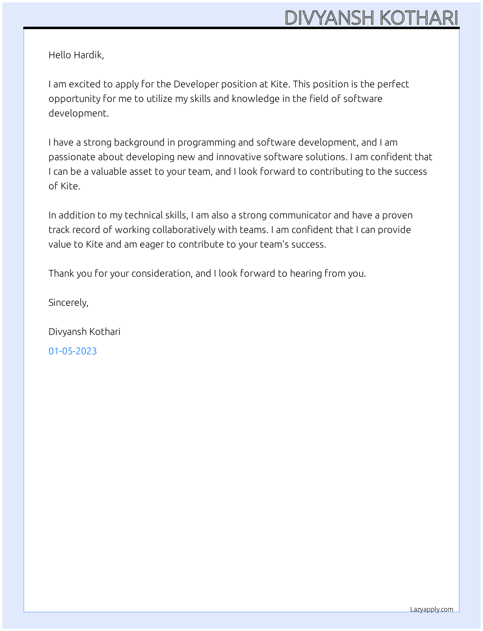 Developer  At Kite Cover Letter
