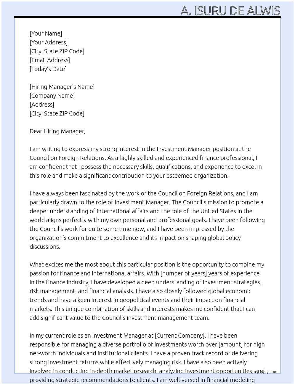 Investment Manager At Council on Foreign Relations Cover Letter