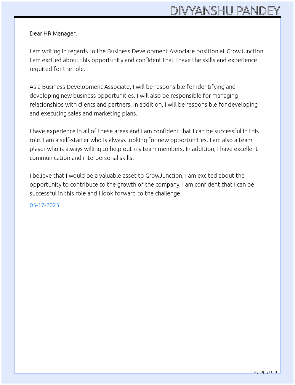 Business development associate  At GrowJunction Cover Letter