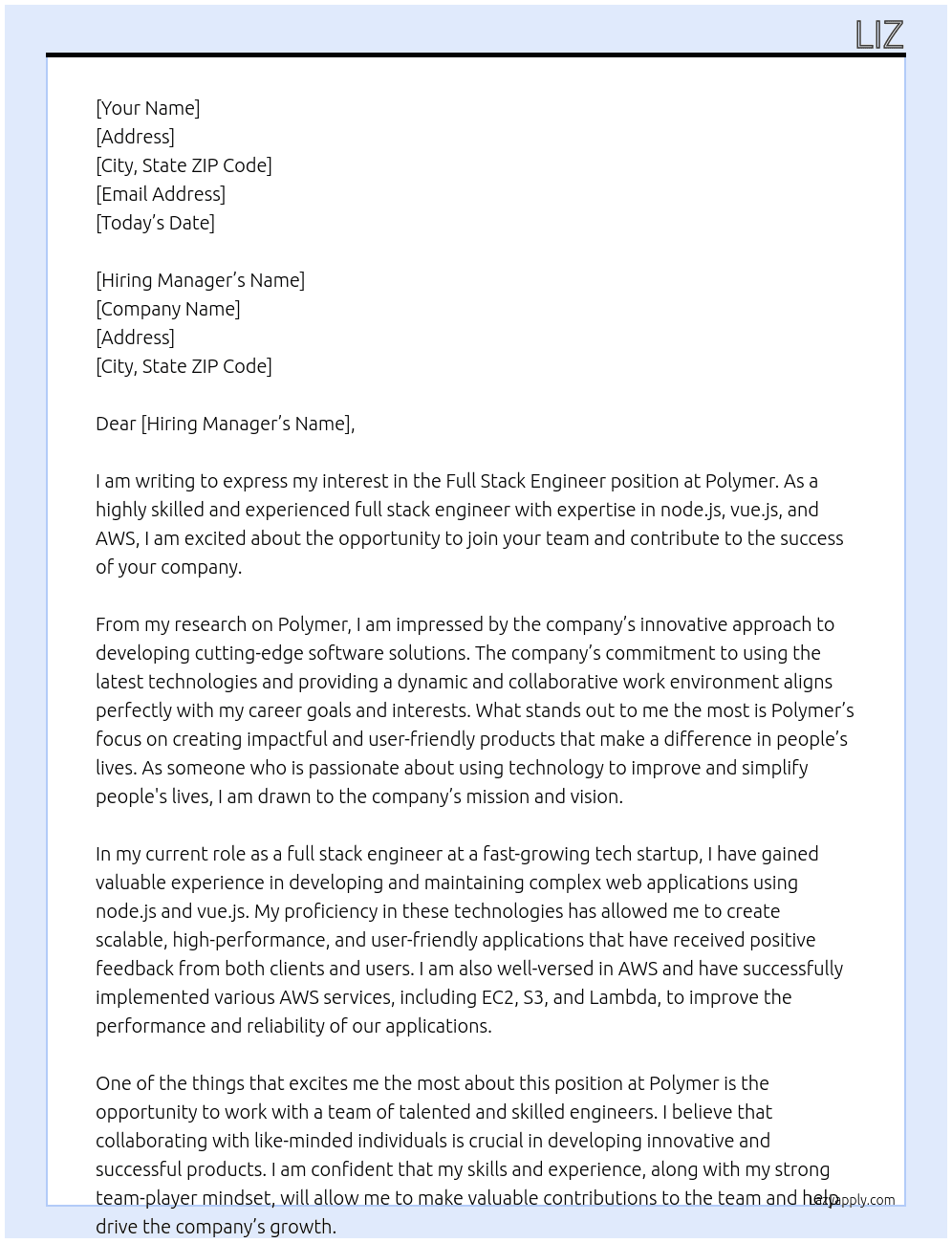 full stack engineer At Polymer Cover Letter
