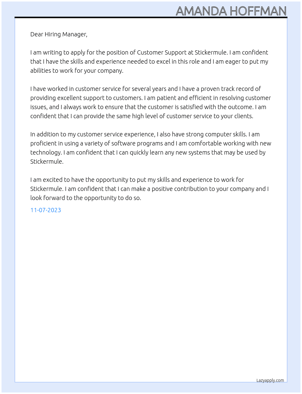 Customer support  At Stickermule Cover Letter