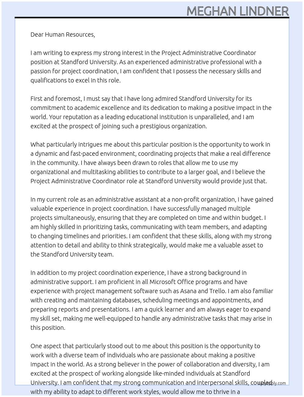 Project Administrative Coordinator At Standford University Cover Letter