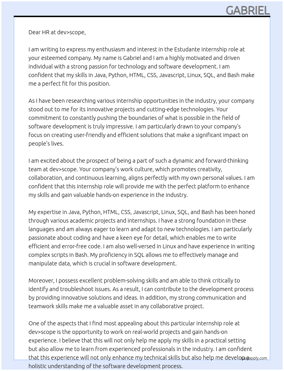 Estudante At dev>scope Cover Letter