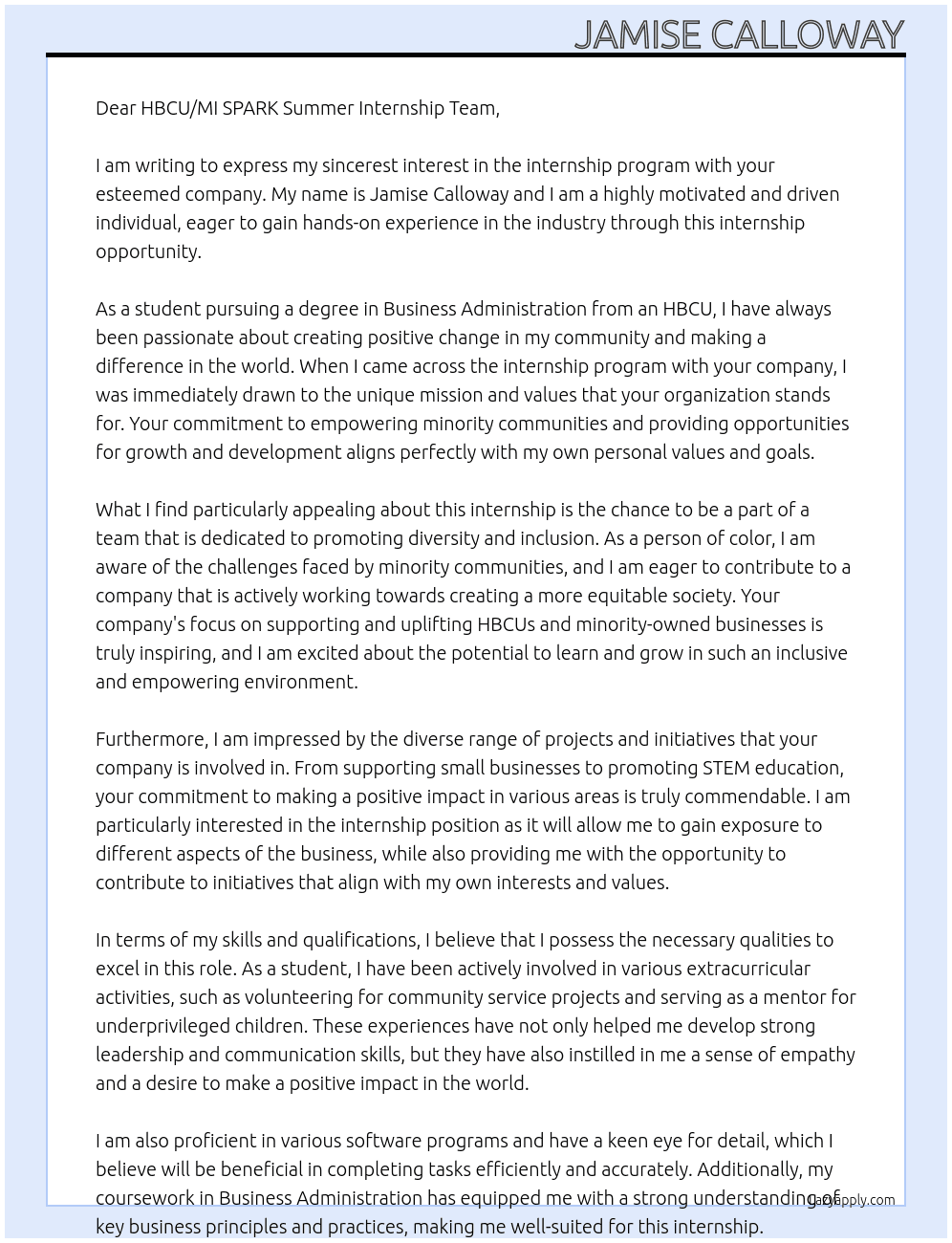 Internship At HBCU/MI SPARK Summer Internship Cover Letter