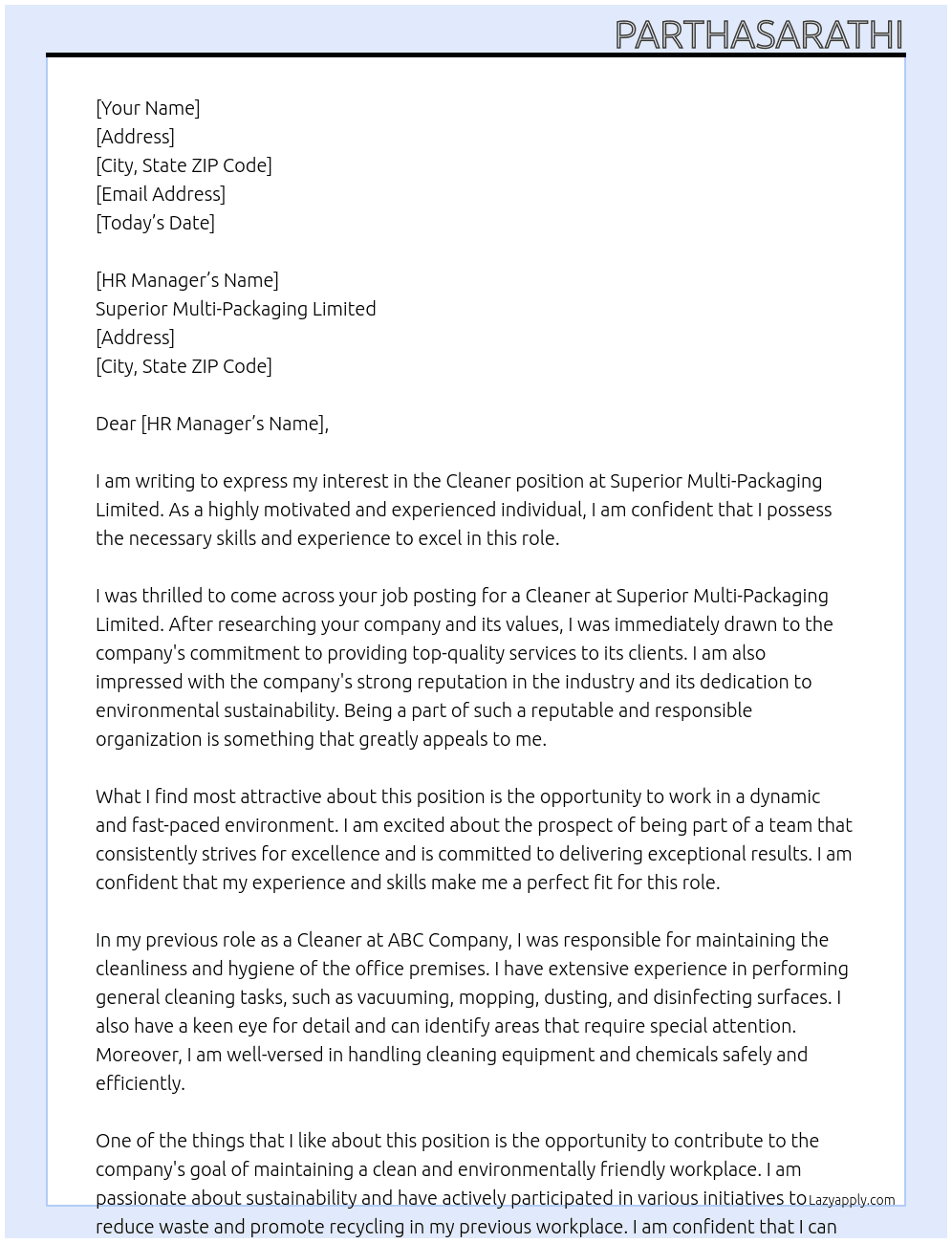 Cleaner At Superior Multi-Packaging Limited Cover Letter