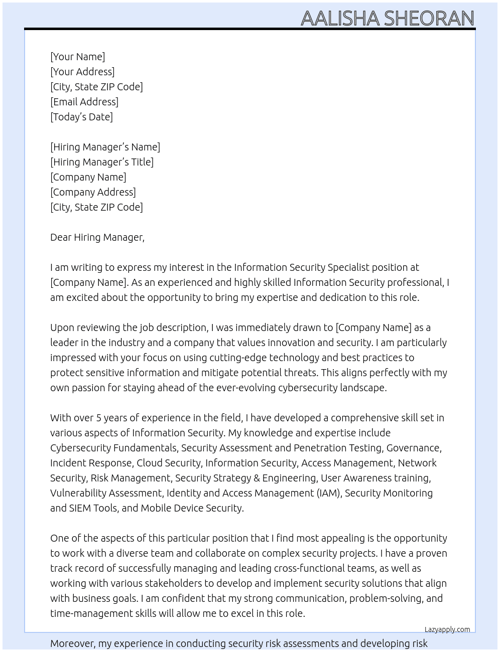 Information Security Specialist At this company Cover Letter