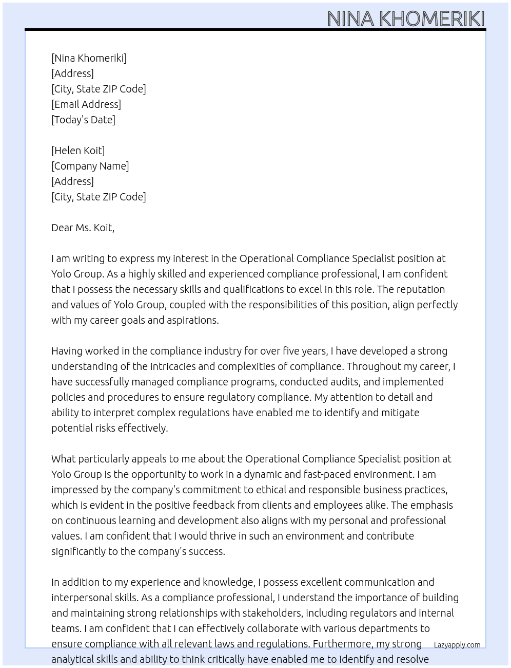 Operational Compliance Specialist At Yolo Group Cover Letter