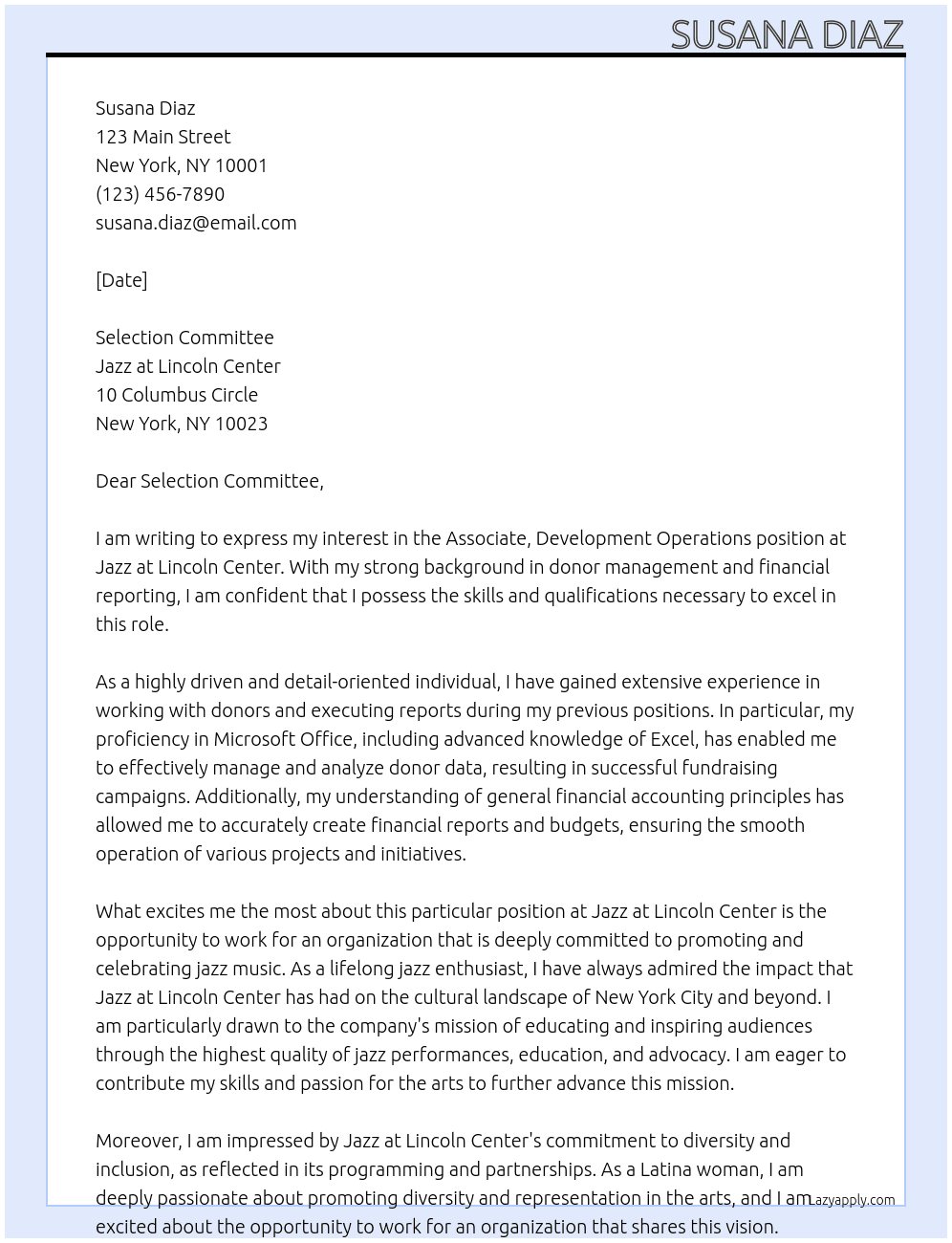 Associate, Development Operations At Jazz at Lincoln Center  Cover Letter