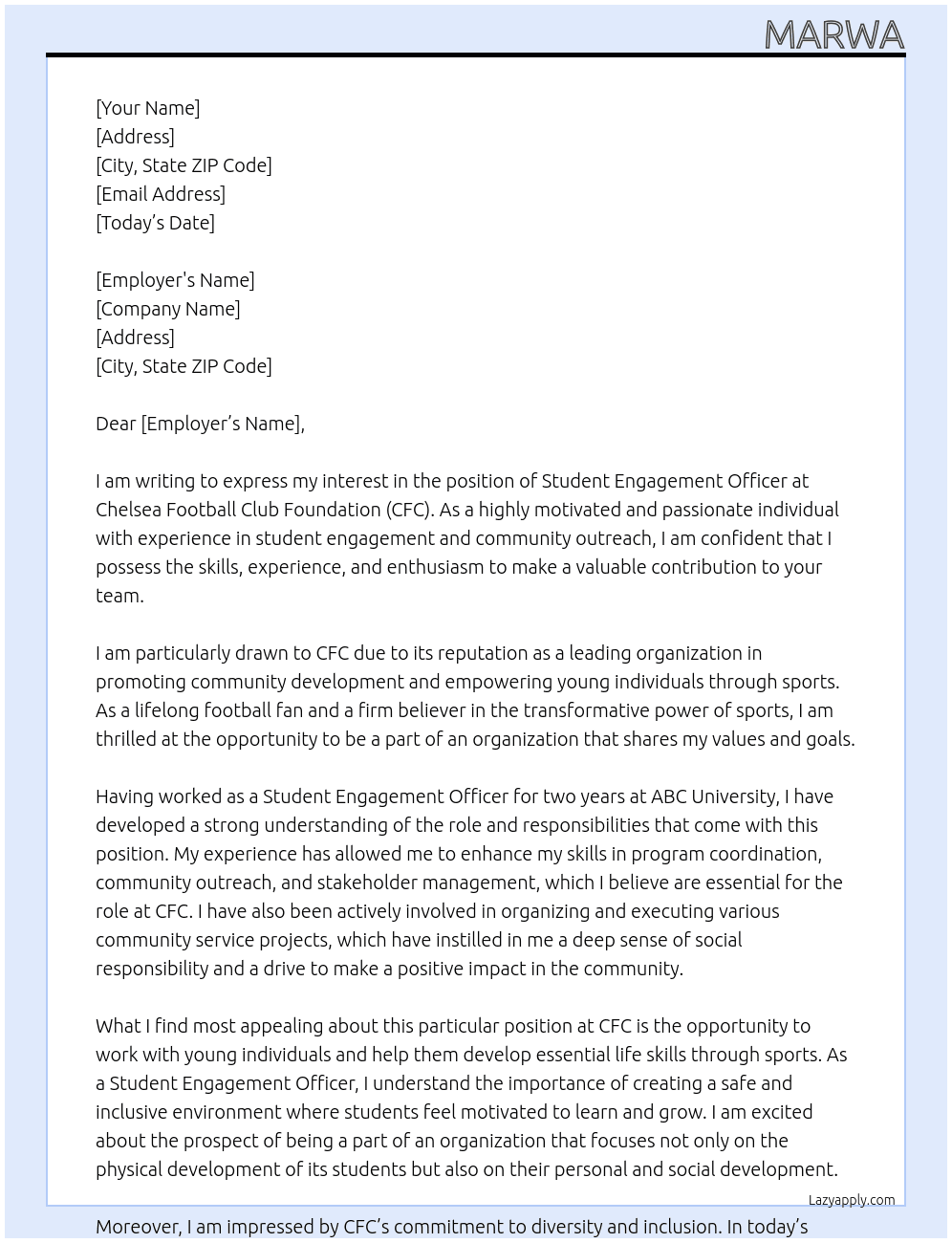 Student Engagement Officer At Chelsea Football Club Foundation Cover Letter