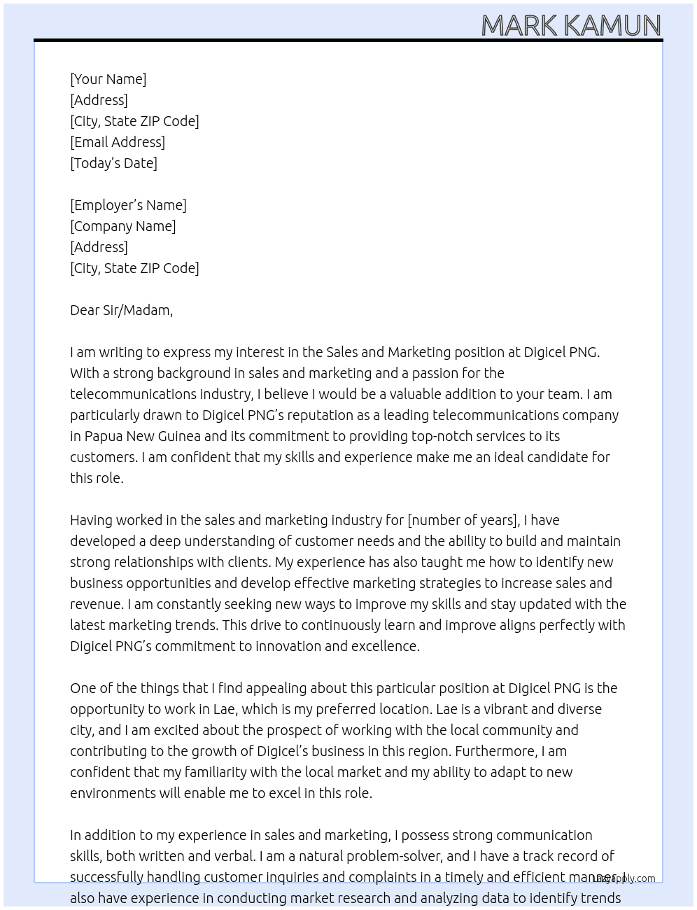 Sales and marketing  At Digicel PNG Cover Letter