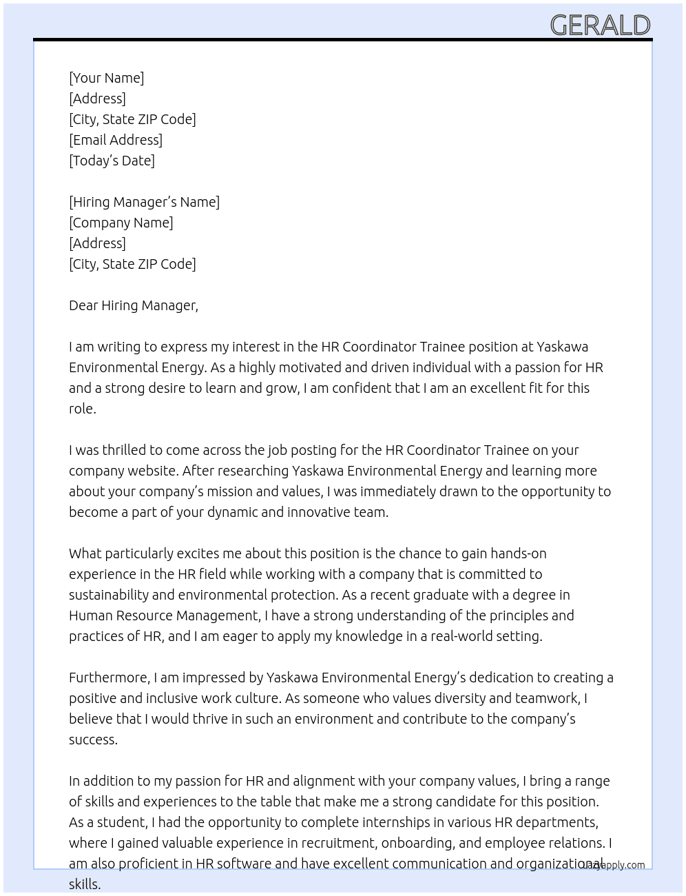 HR Coordinator Trainee At Yaskawa Environmental Energy  Cover Letter