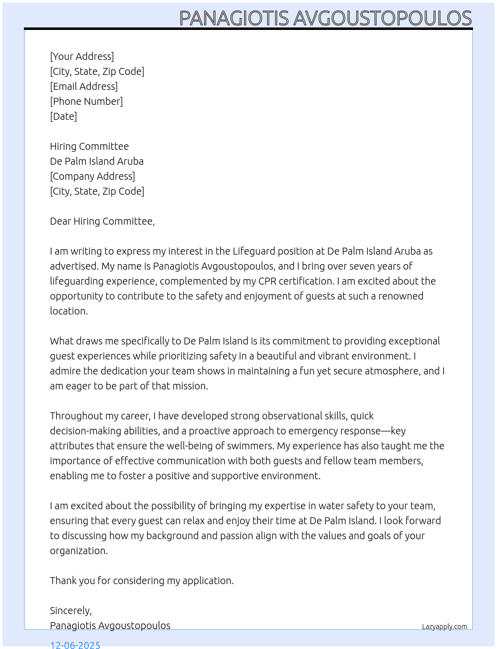 Lifeguard At De Palm Island Aruba Cover Letter