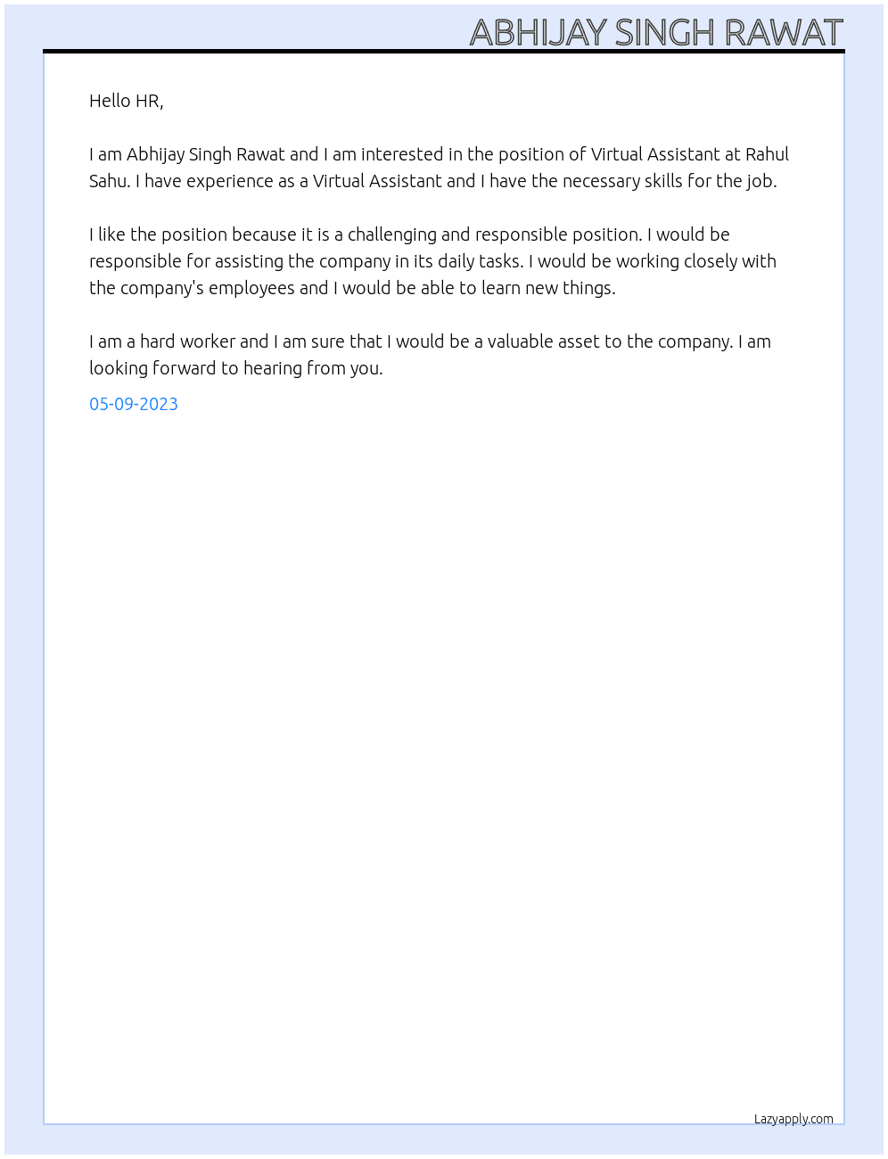 Virtual Assistant At Rahul Sahu Cover Letter