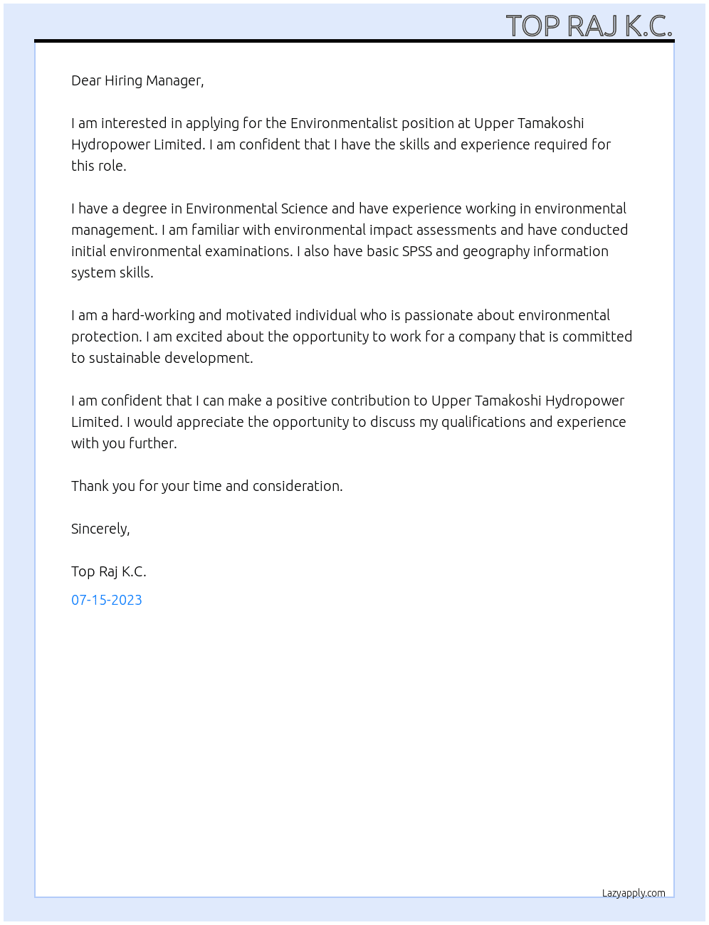 Environmentalist At Upper Tamakoshi Hydropower Limited Cover Letter