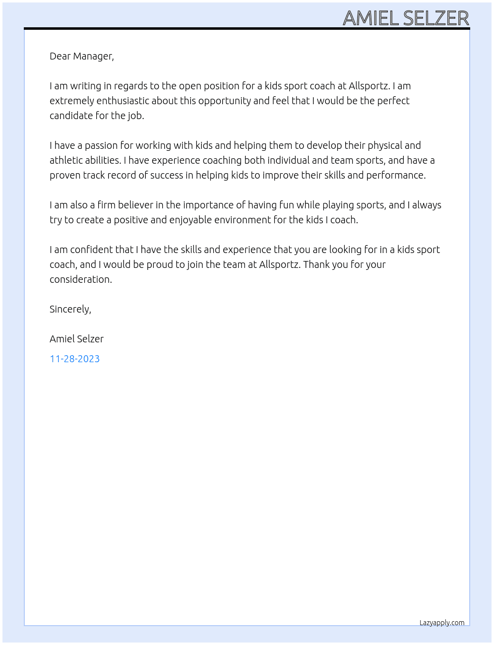 kids sport coach At Allsportz Cover Letter