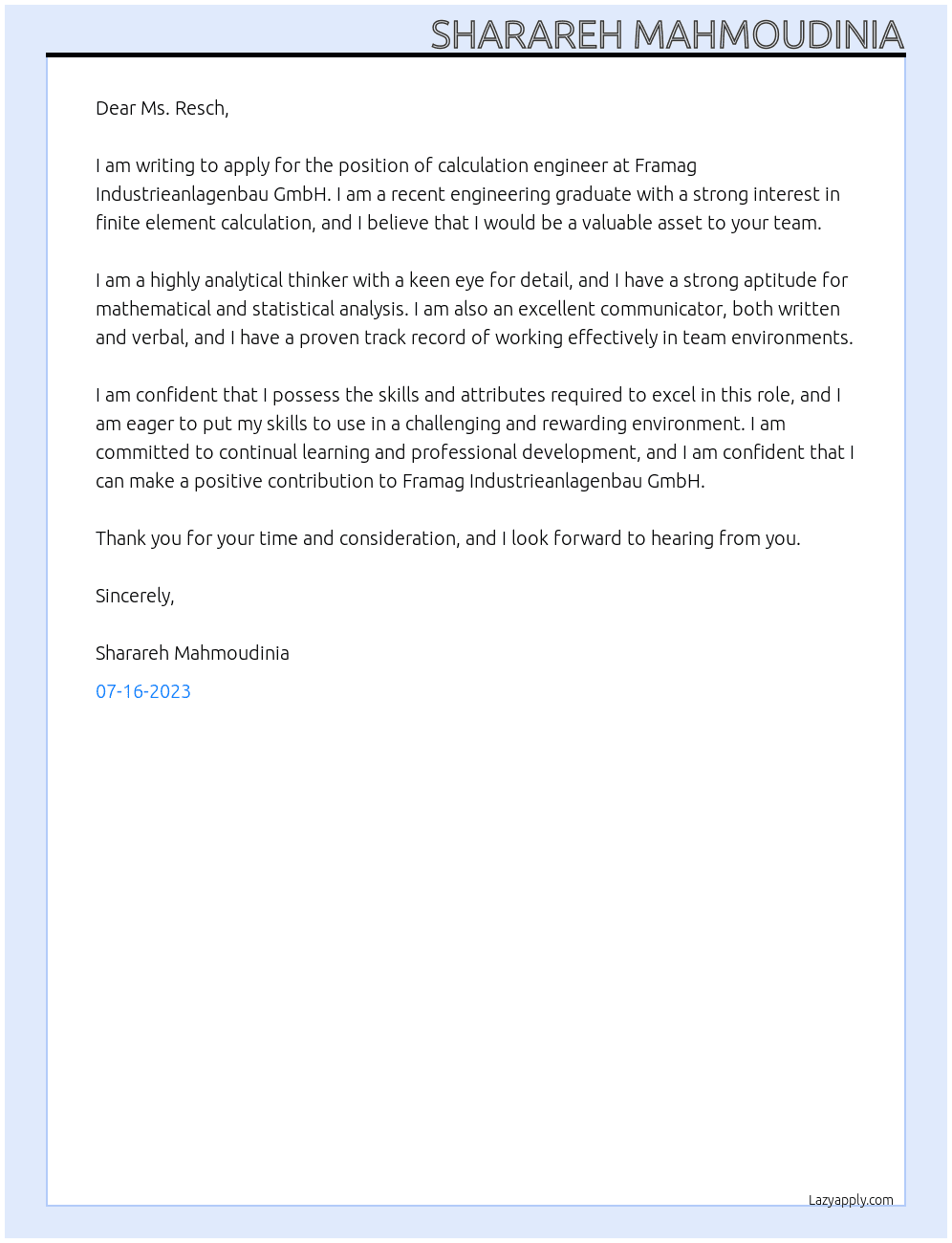 calculation engineer- finite element calculation At Framag Cover Letter