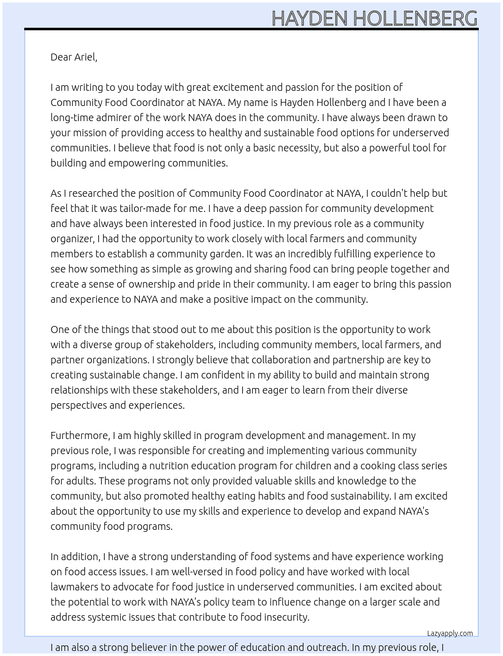 community food coordinator At NAYA Cover Letter