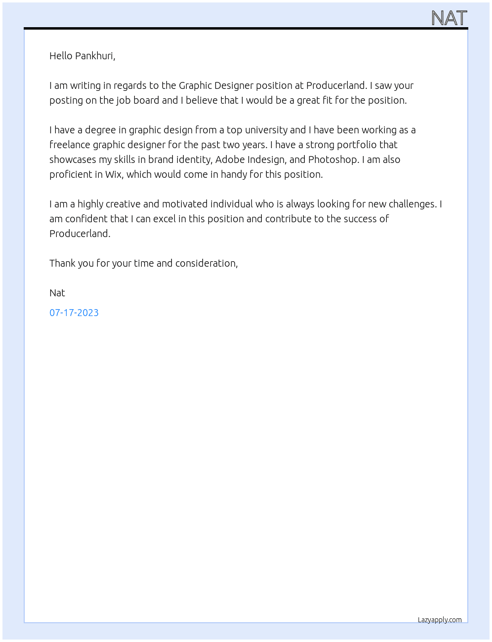 Graphic Designer At Producerland Cover Letter