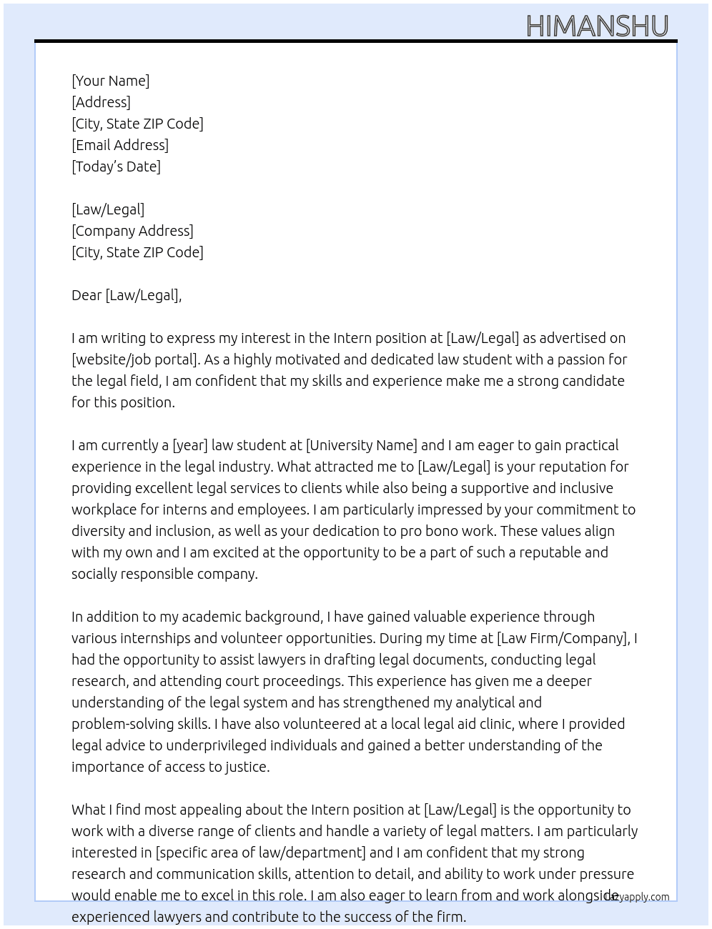 Intern At Law/legal Cover Letter