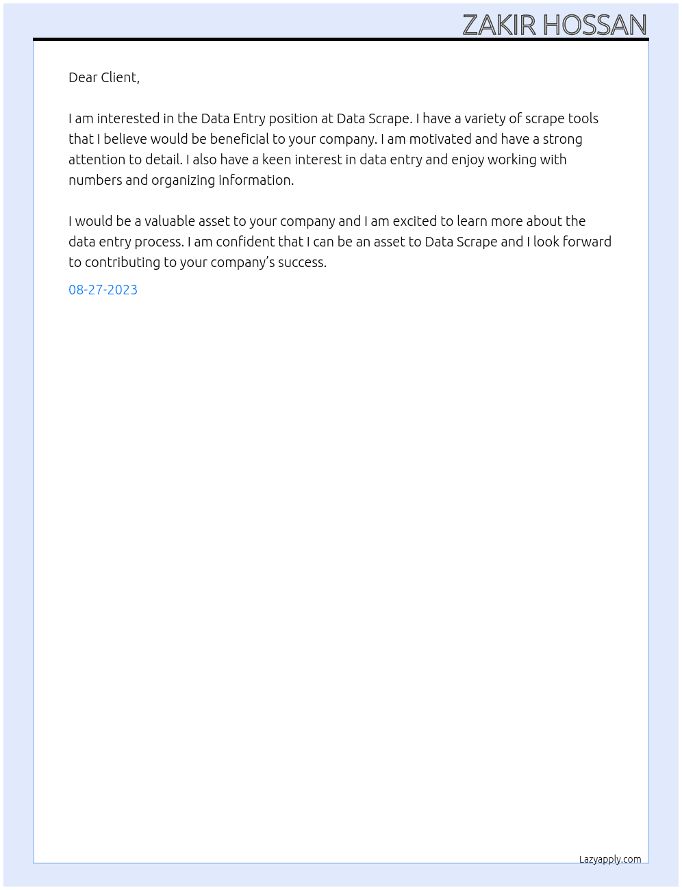 Data Entry At Data Scrape Cover Letter