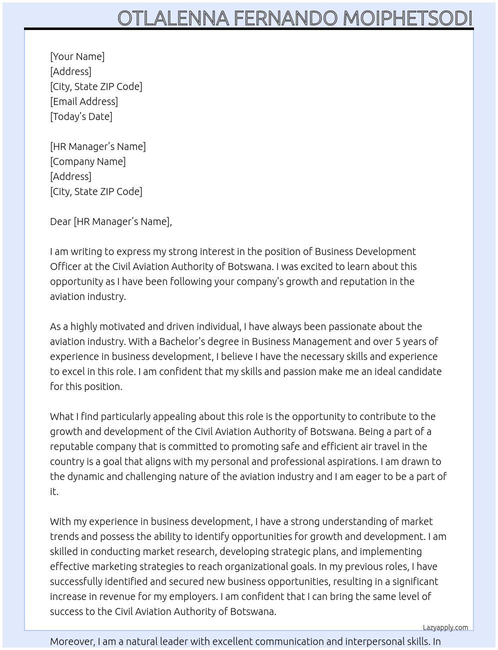 Business Development Officer At Civil Aviation Authority of Botswana Cover Letter