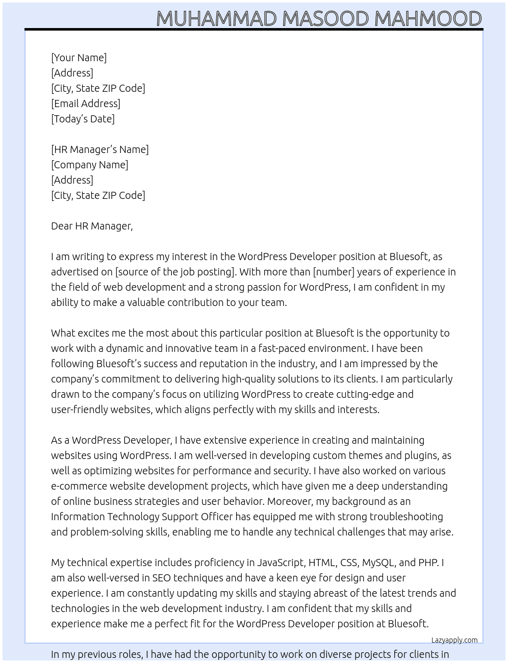 WordPress Developer At Bluesoft Cover Letter
