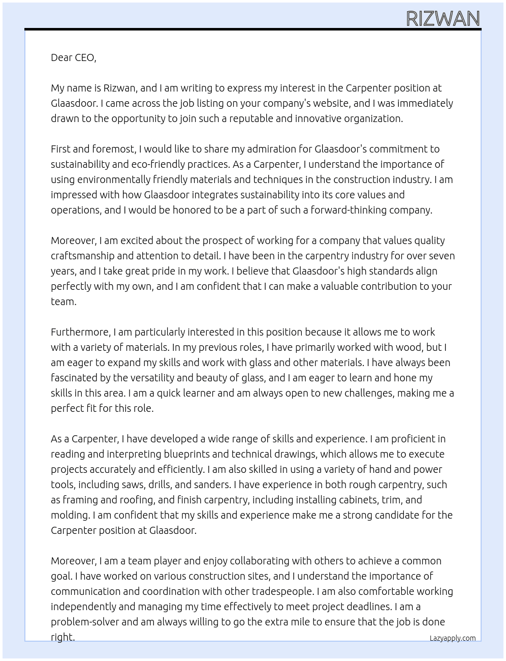 Carpenter  At Glaasdoor Cover Letter