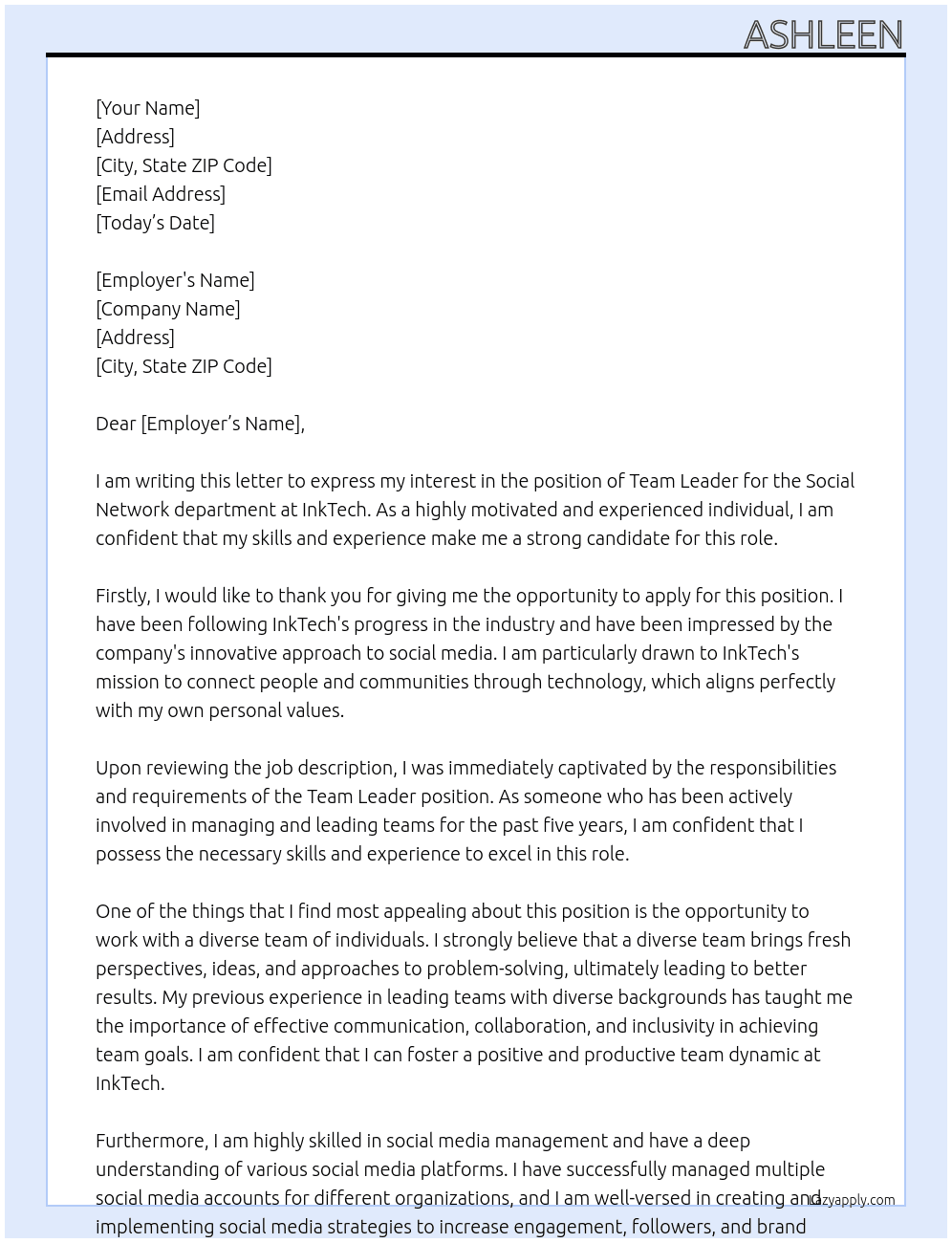 Social network At InkTech Cover Letter