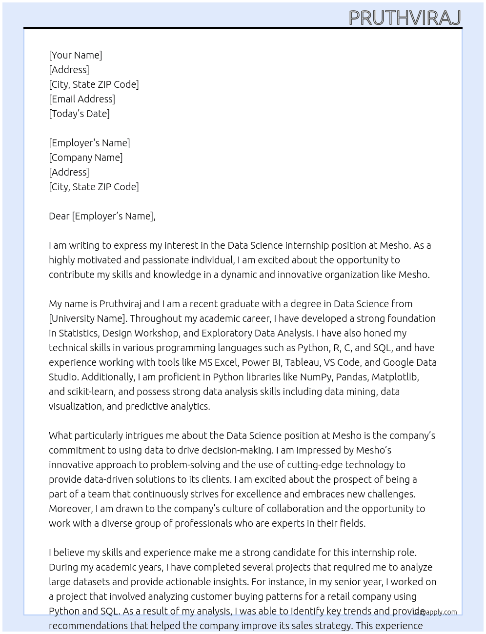 Data science At Mesho Cover Letter