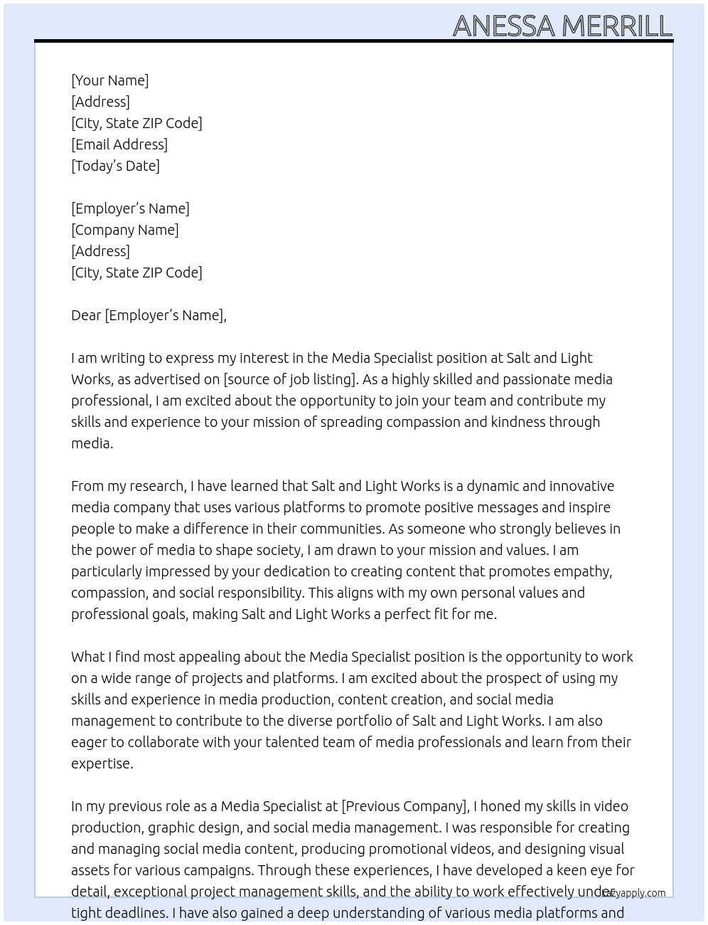 Media Specialist  At Salt and Light Works  Cover Letter